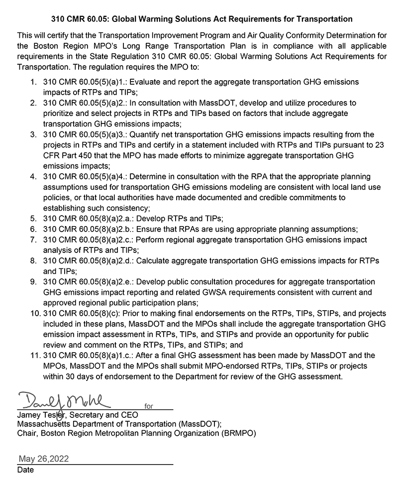 Global Warming Solution Act
This page lists the eleven requirements of State Regulation 310 CMR 60.05: Global Warming Solutions Act to be conducted by Metropolitan Planning Organizations (MPOs) and certifies that the Boston Region MPO complies with these requirements. The certification of State Regulation 310 CMR 60.05: Global Warming Solutions Act was signed by the chair of the Boston Region MPO after the MPO board voted to endorse the FFYs 2023–27 TIP on May 26, 2022.